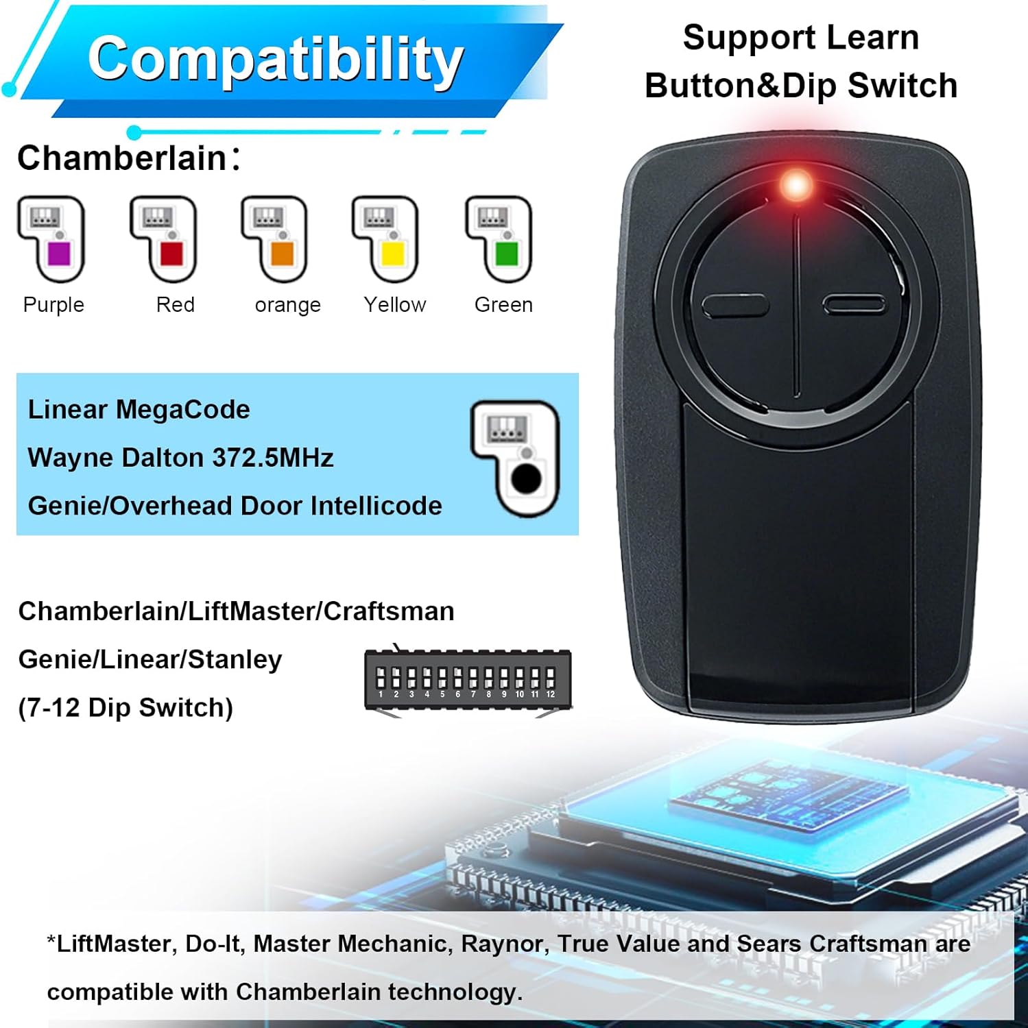 380UT 375UT 375LM 2-Button Remote Control, Klik5U-Bk2 Clicker for Chamberlain Liftmaster Craftsman Genie Garage Door Opener, Wireless Keyless for Red/Orange/Purple/Green/Yellow Button, Dip Switch 3pk