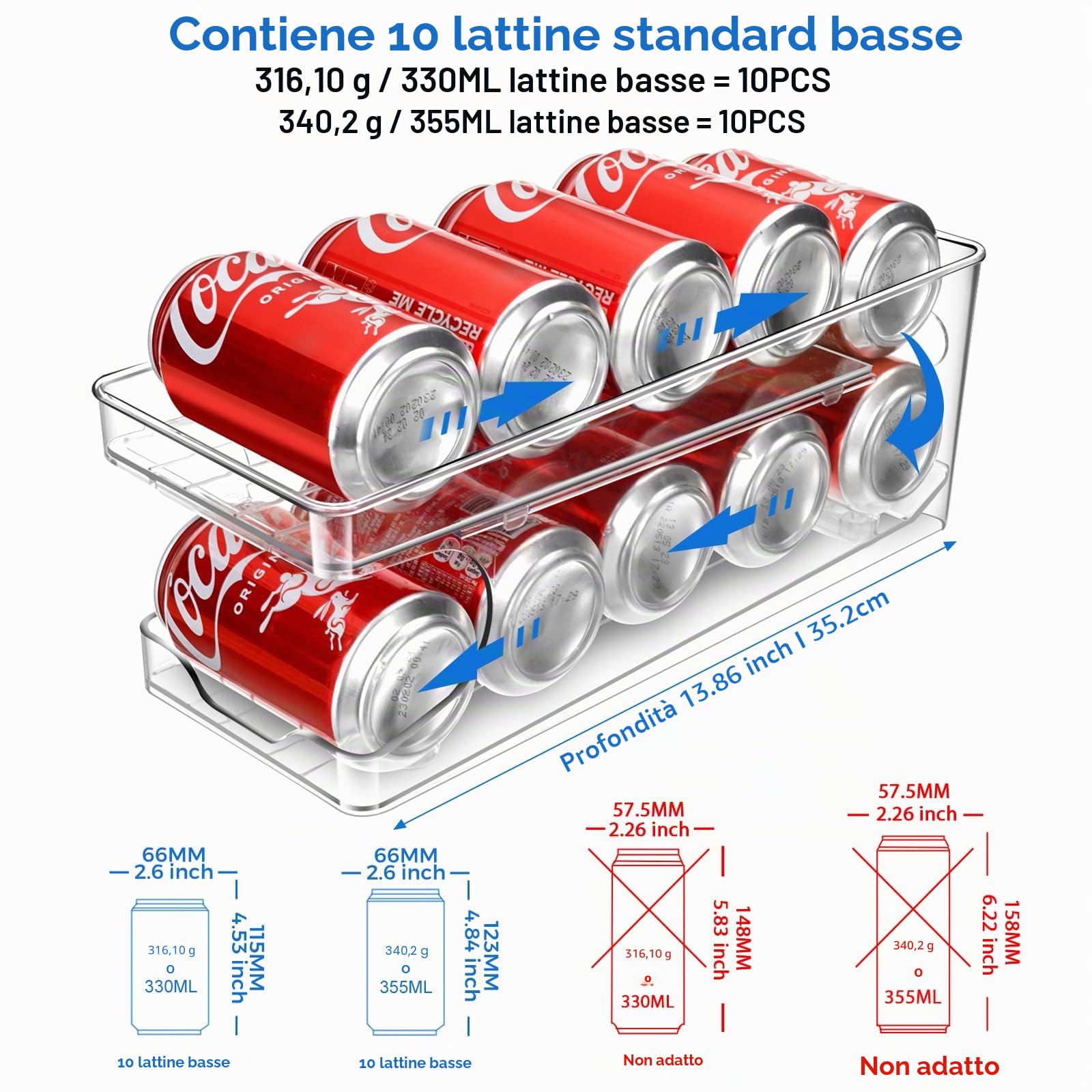 Rotolamento Dispenser Lattine Frigorifero Organizer Birra Lattina Organizzatore per Frigo Cucina Dispensa Controsoffitto 10 Bottiglie 330ML 355ML Birra Soda Bevande Lattine di Stoccaggio