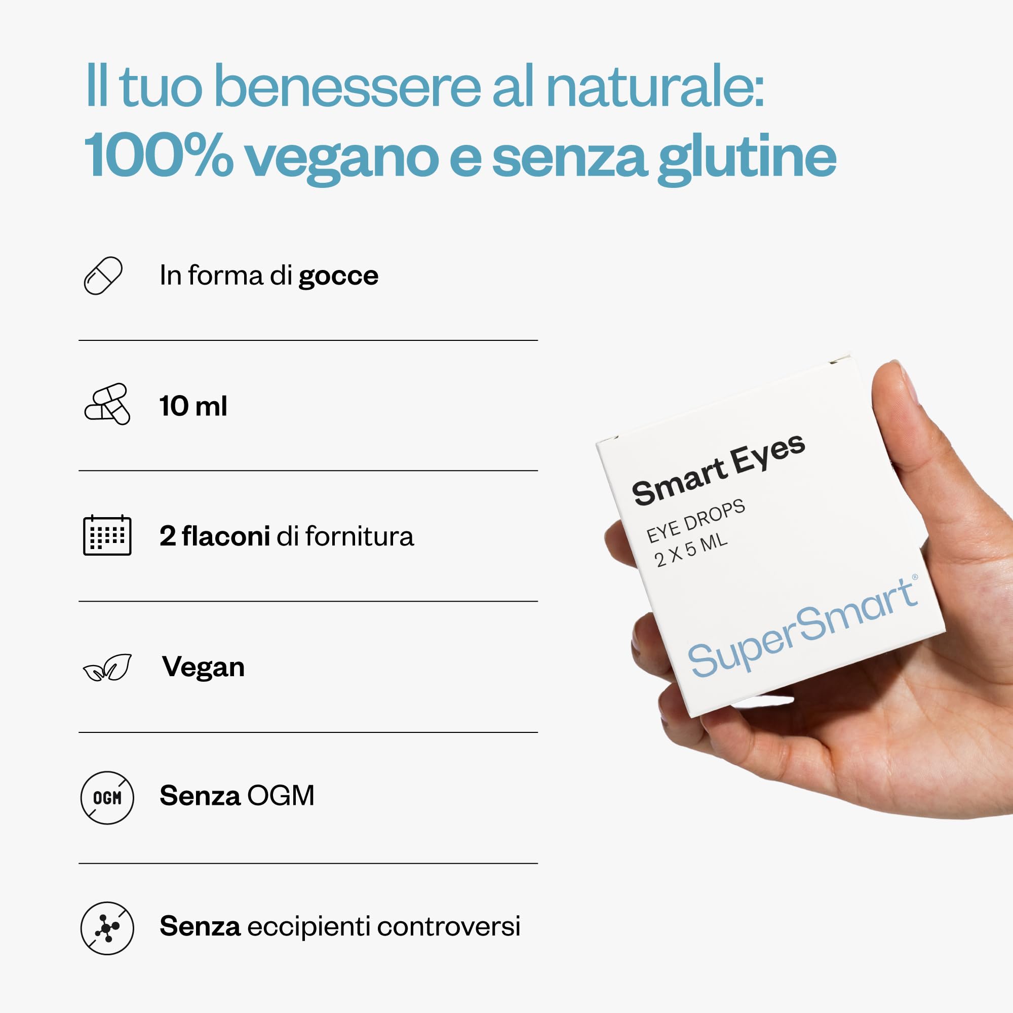 Supersmart - Smart Eyes™ - Gocce per gli Occhi con l' 1% di N-acetil L-carnosina - Aiuta a Prevenire gli Occhi Secchi, le Irritazioni e le Cataratte | No-OGM & Gluten Free - 2 Contenitori da 5 ml