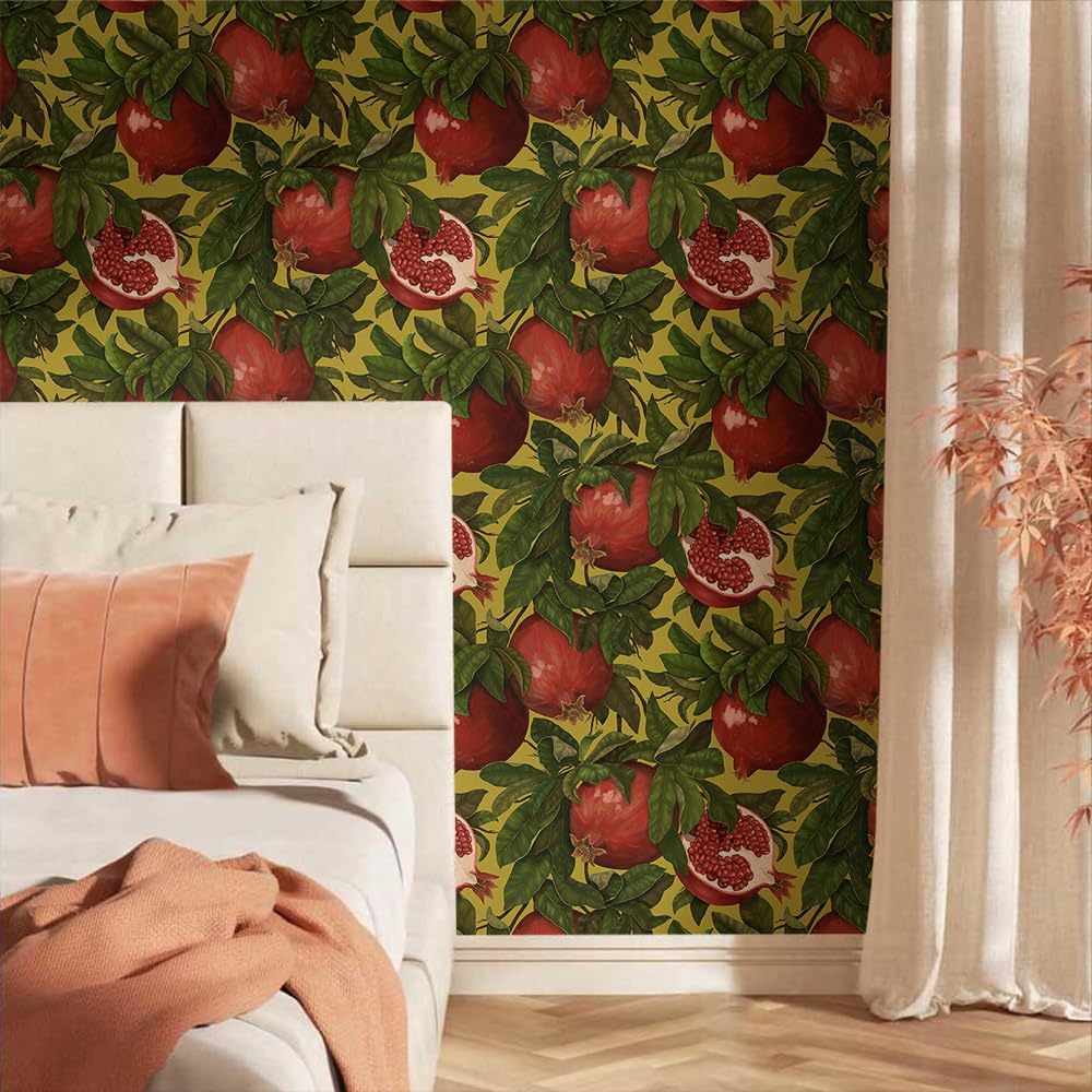 18"x236" Realistic Red Green Fruit Pomegranate Peel and Stick Wallpaper Easy Peel off Contact Paper Vintage Vinyl Self Adhesive Removable Stick on Wall Paper for Kitchen Cabinet Renter Friendly