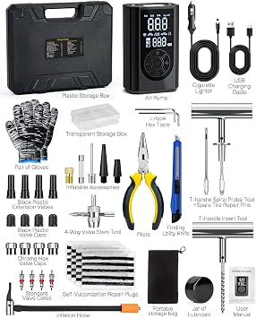 Tire Repair Kit with Portable Air Compressor, Tire Plug Kit 58PCS with Cordless Tire Inflator (150 PSI) for Car, Motorcycle, Tractor, Truck, Ball