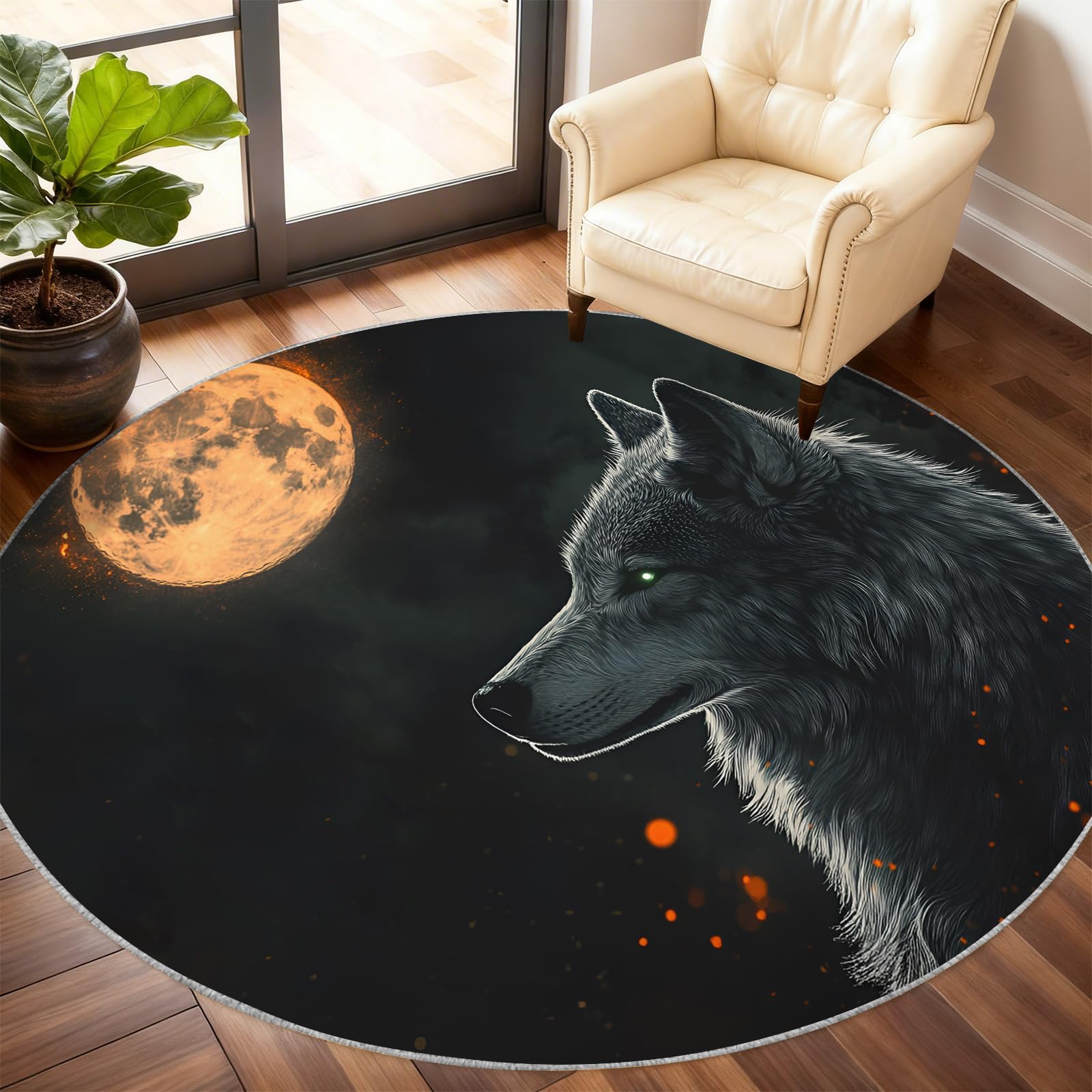 Tapis rond avec motif loup, pour salon, chambre à coucher, tapis lavable, antidérapant et antidérapant, au clair de lune