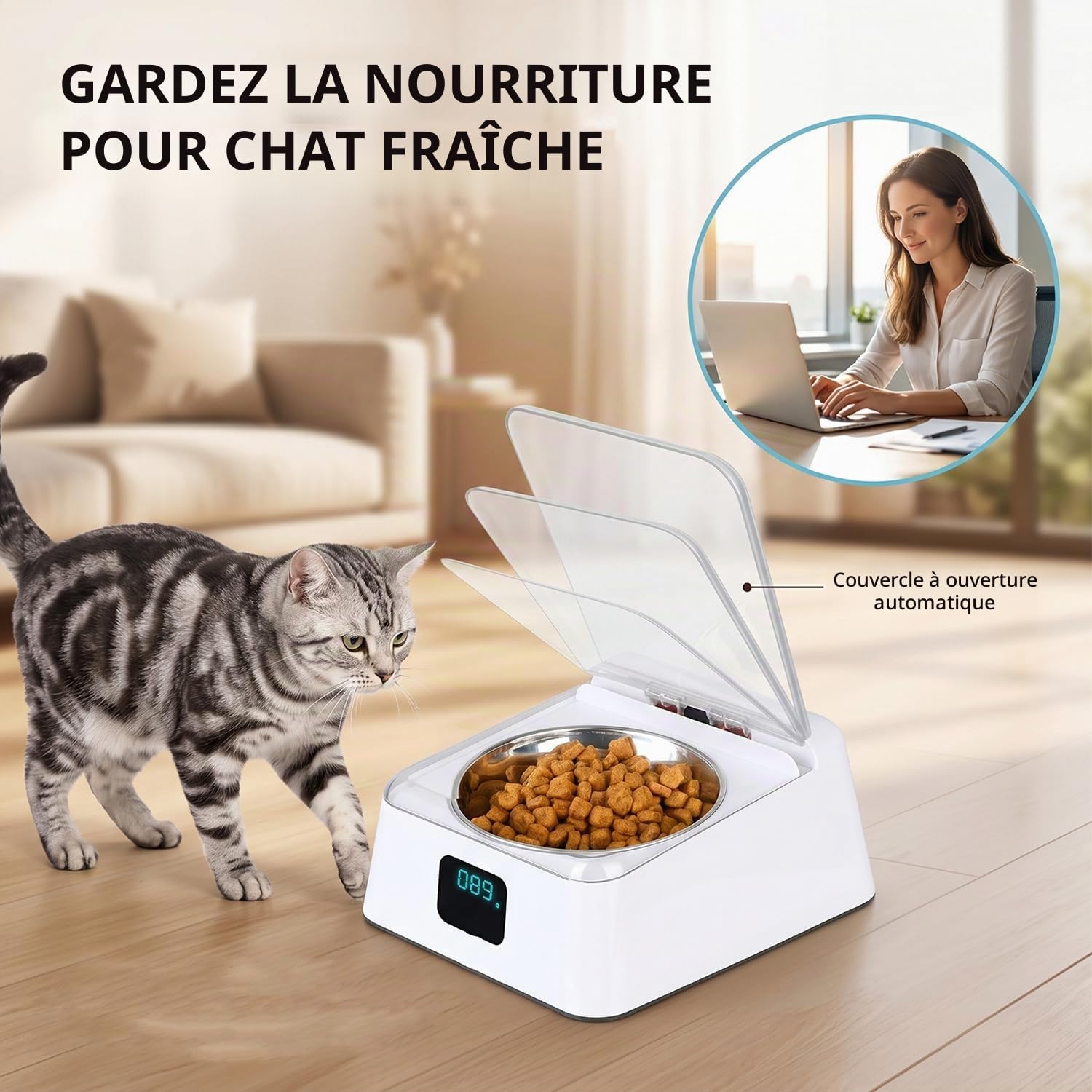 Mangeoire automatique pour chats, 350 ml, avec capteur infrarouge, gamelle automatique avec couvercle à charnière, pour chiens et chats de petite et moyenne taille, pour nourriture humide et sèche