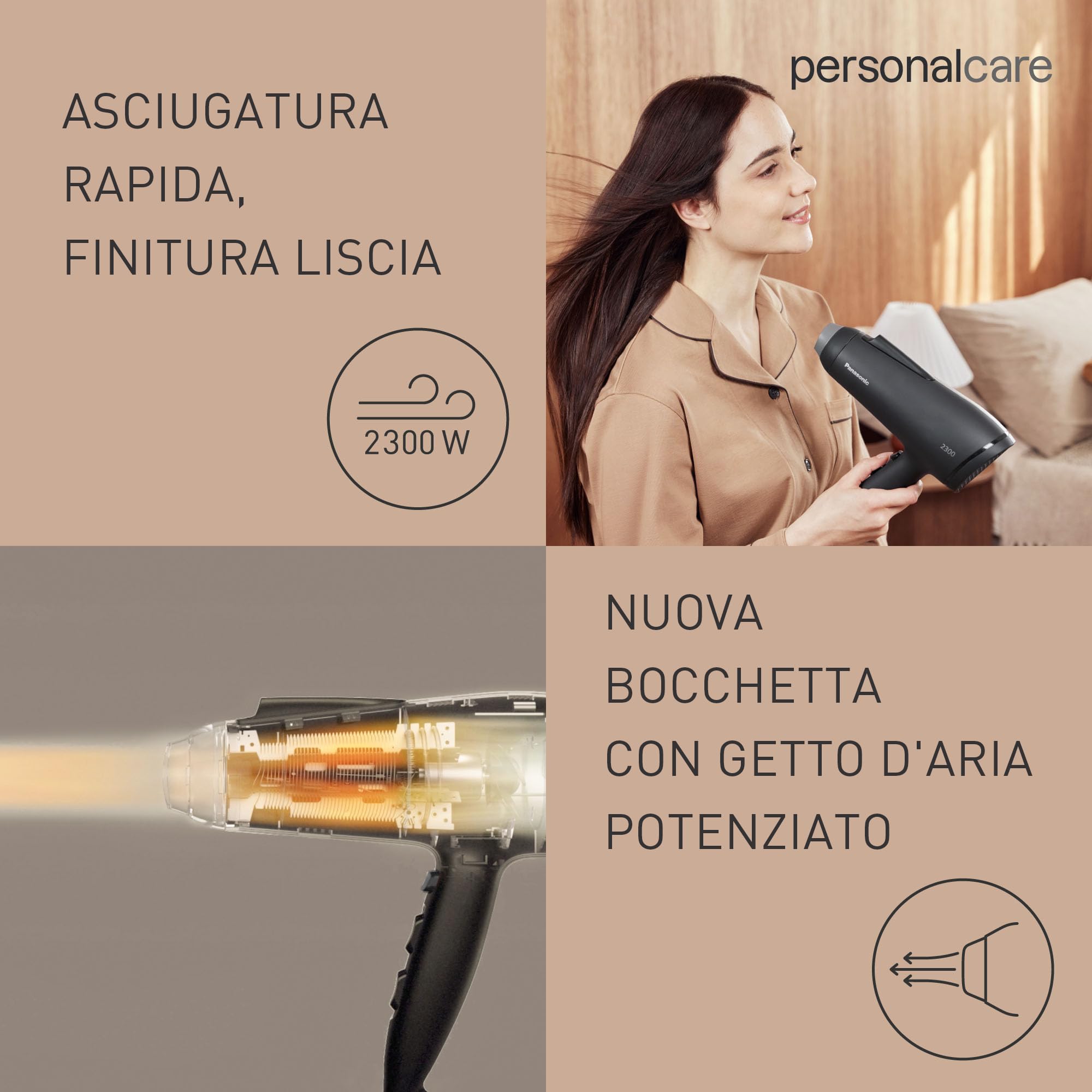 Panasonic EH-NE85-K825 Asciugacapelli agli Ioni Serie Fast Dry con Diffusore, Beccucci Air Boost e Concentratore, Modalità Protezione dal Calore, Tecnologia agli Ioni, 2300W, Filtro Easy-Clean, Nero