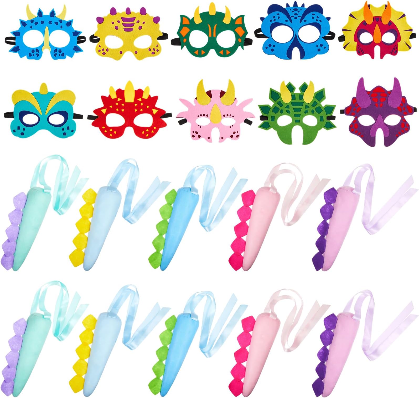 Leitee 20Pcs Felt Dinosaur Set - 10 Tails & 10 Dragon Masks for Dinosaur Party Favors for Toddlers Birthday Party Dress Up