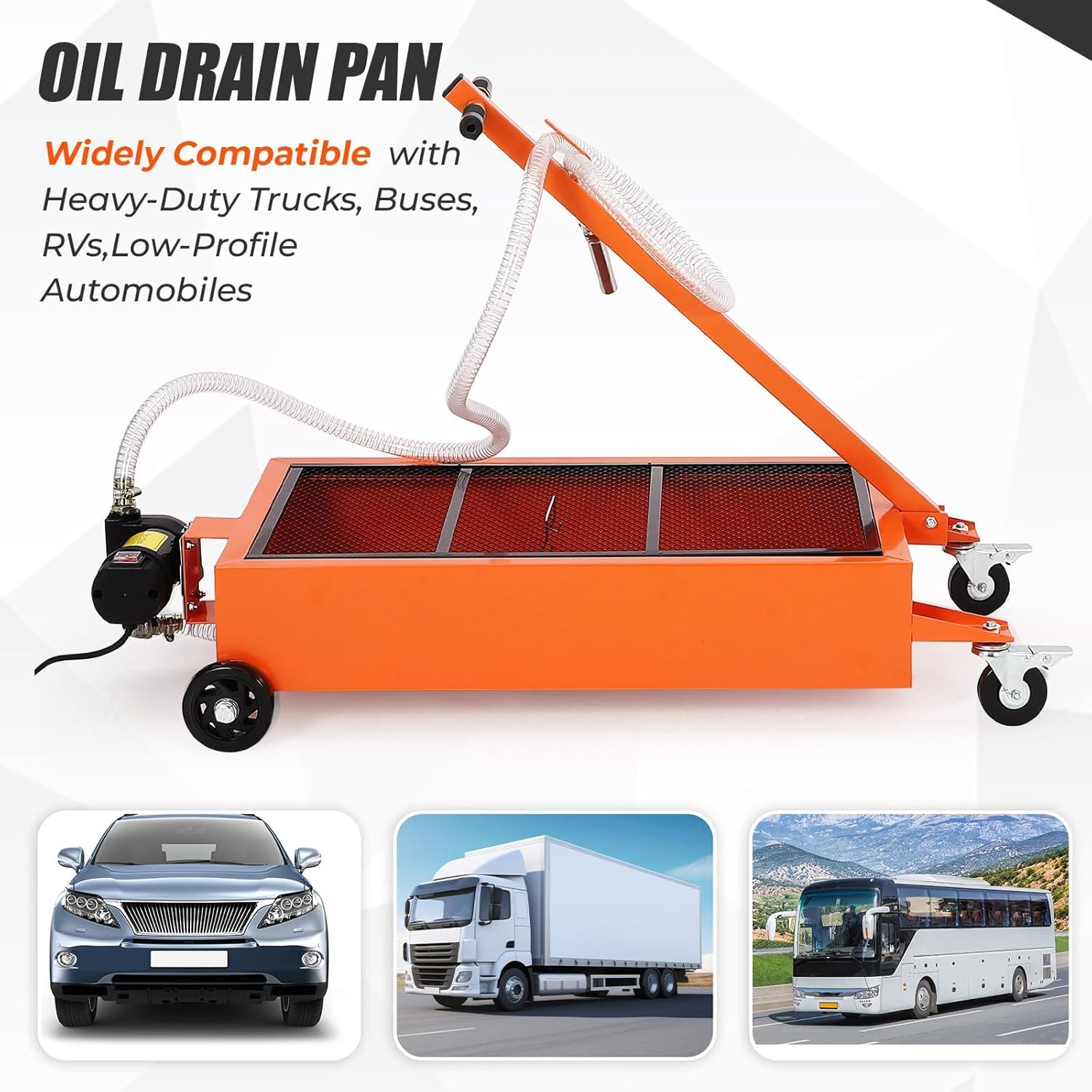 Oil Drain Pan 15 Gallon Oil Drain Tank,57L Low Profile Oil Drain Pan,Oil Catch Pans for Changing Oil,Foldable Hand, with 12V Electric Pump,Hose, Swivel Casters for Car, SUV, Trucks Oil Draining