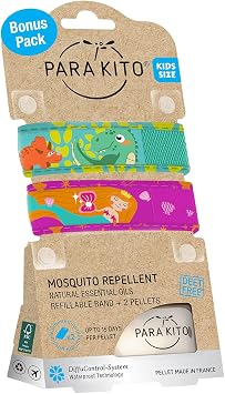 PARA'KITO Mosquito Repellent Pack - 2 Kids Wristbands & 2 Refills Green Dinosaur/Mermaid