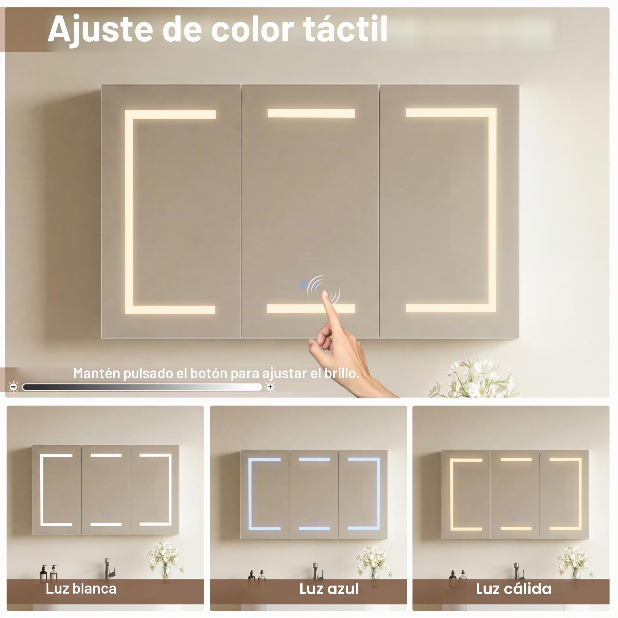Armario con espejo con iluminación led, gabinete de baño con 3 colores de luz, espejo de baño con almacenamiento y 3 puertas, armario con espejo con estante ajustable (blanco, 2, 100 x 60 cm)