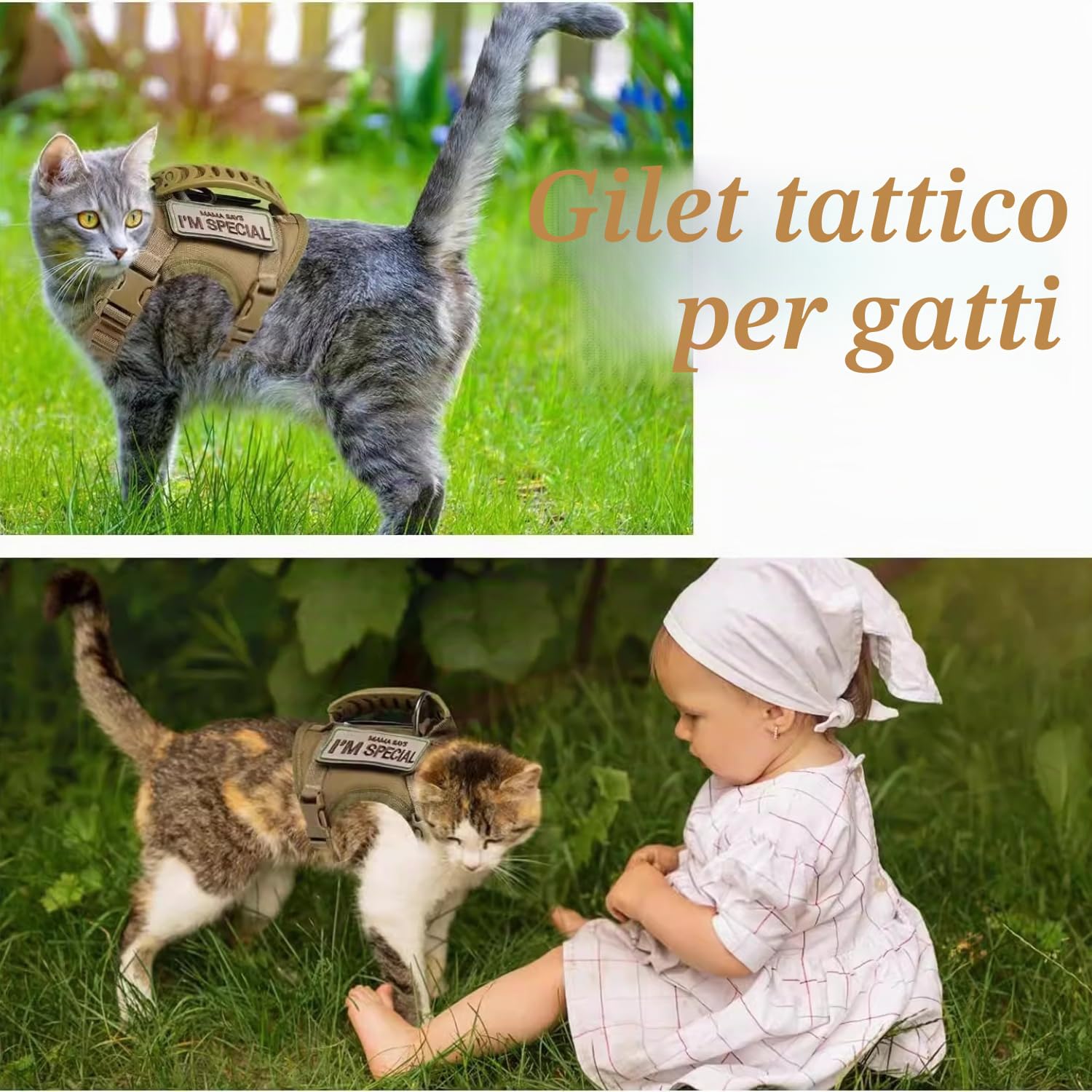 Set di pettorina tattica per gatti e guinzaglio, a prova di fuga, regolabile, con toppe, morbida imbottitura in rete, manico in gomma, facile da controllare (imbracatura e guinzaglio kaki)