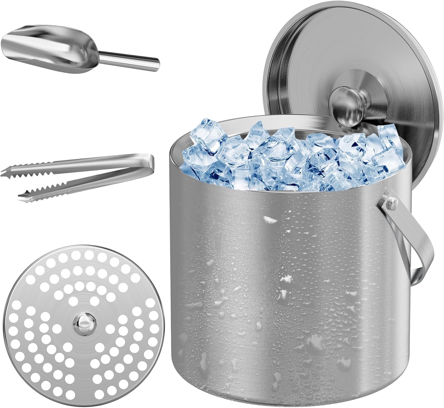 Ice Buckets for Parties 3L Insulated Ice Bucket with Lid Ice Tong Ice Scoop and Strainer for Cocktail Bar Portable Stainless Steel Double Wall Keeps Ice Cold&Dry for Home Bar Beer Champagne