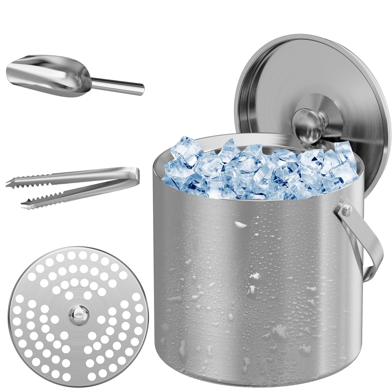 Secchiello per ghiaccio per feste, 3 litri, isolato, con coperchio, paletta per ghiaccio e colino, per cocktail bar, portatile, in acciaio inox, a doppia parete, mantiene il ghiaccio freddo e