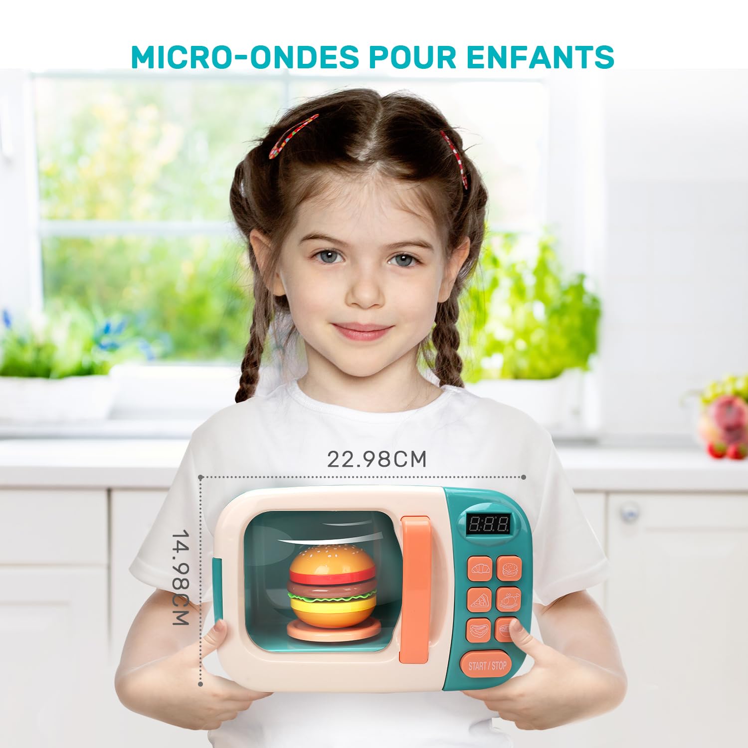 CUTE STONE Ensemble de Jouets Cuisine avec Micro-Ondes, Jeu d’Imitation pour Enfants, Four Électronique et Aliments de Jeu, Ustensiles de Cuisine, Jouets Éducatifs pour Filles et Garçons