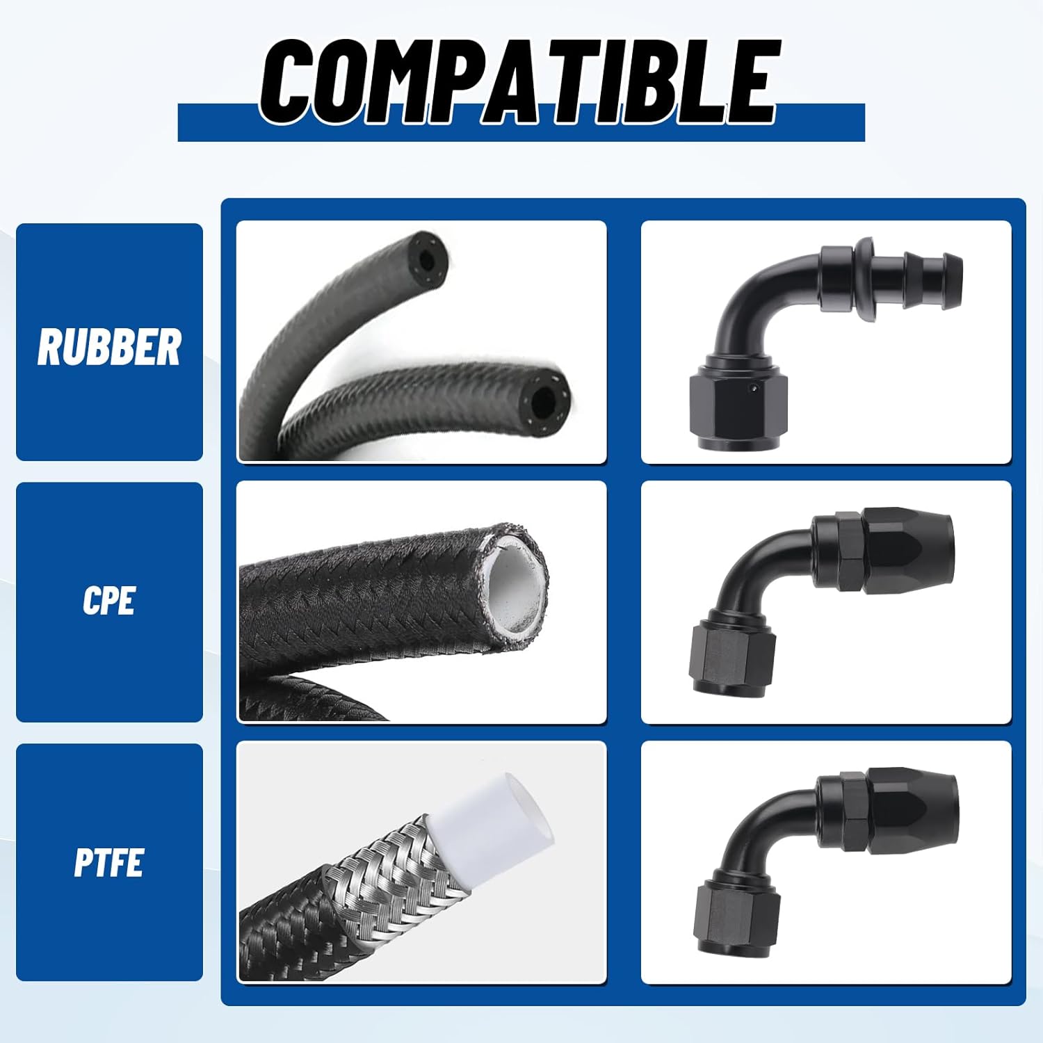 6AN Push Lock Hose Fitting End Kit Straight and 90 Degree Elbow Black Ends with Hose Clamps for Rubber Fuel Line 10PCS