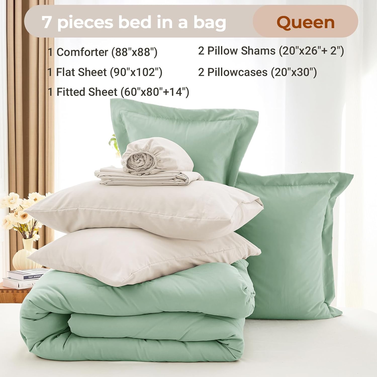 MUXHOMO 7 Pieces Queen Comforter Set, Soft Bed in a Bag Queen Size, All Season Bedding Set with Comforter, Flat Sheet, Fitted Sheet, Pillowcases & Shams, Sage Green & Beige
