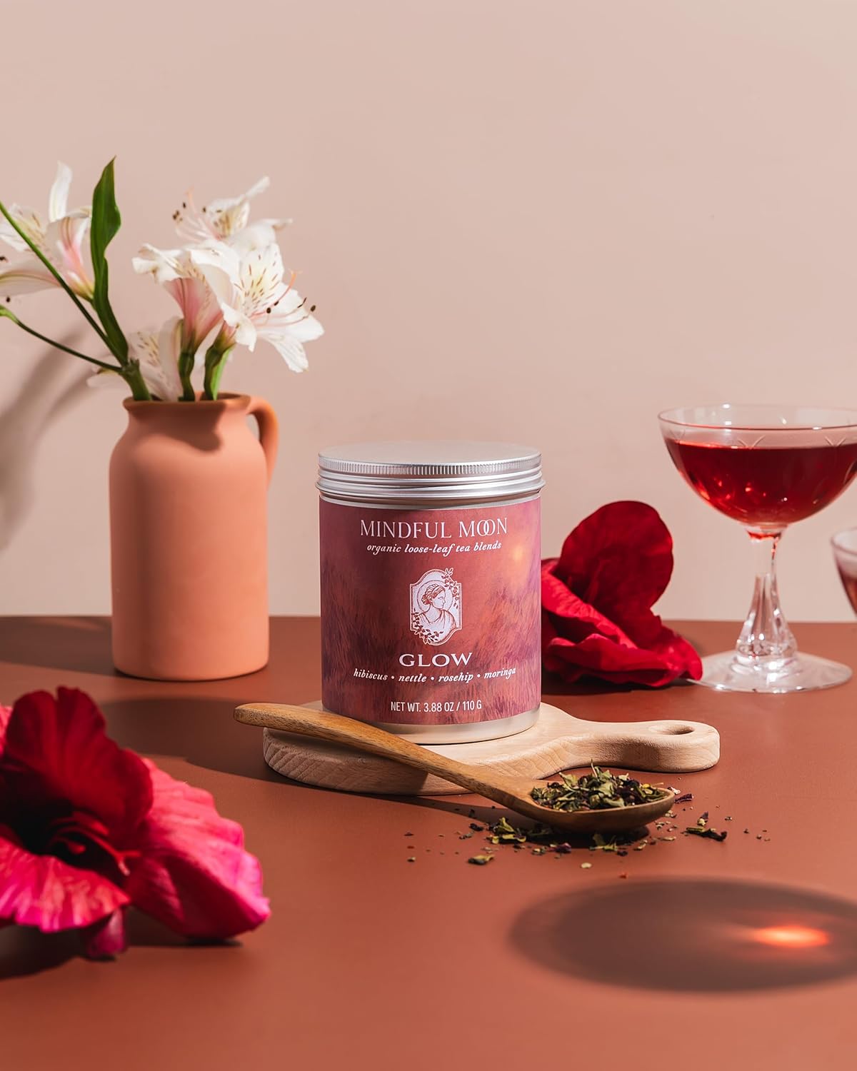 Glow Herbal Tea by Mindful Moon – Vitality & Wellness Blend with Hibiscus, Moringa & Rosehip – Caffeine-Free, Loose Leaf (Large)