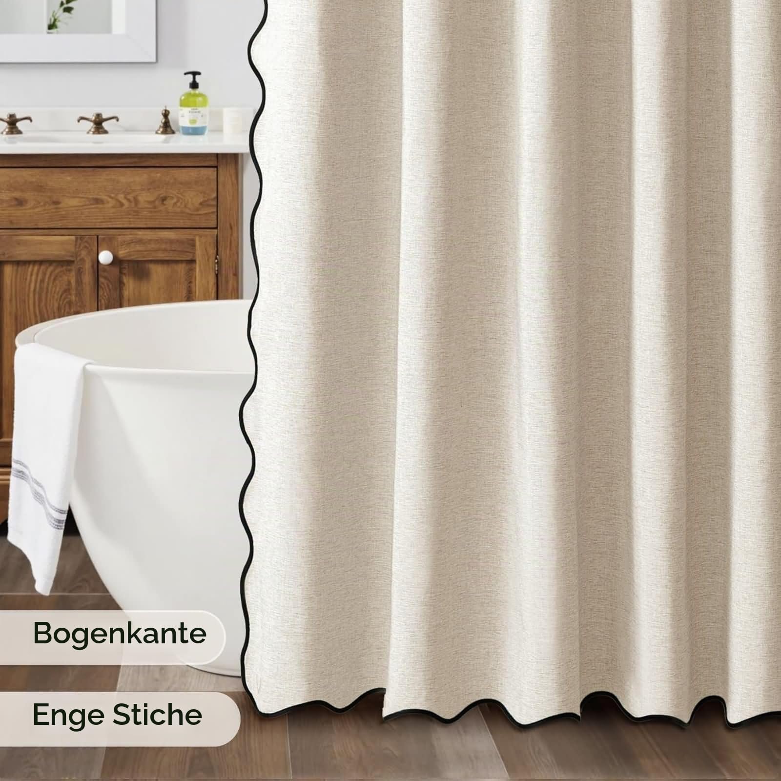 Duschvorhang 180x200cm Polyester Schimmelresistent mit 12 Ringen | Einfarbig Beige mit Schwarz Welle,Wasserabweisende Textilien,Rostfreie Ösen,Blickdicht für Bad Wanne Hotel Ferienwohnung