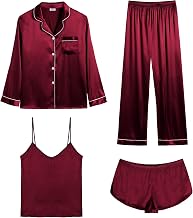SWOMOG Women Satin Pajamas 4pcs Pajama Set Sexy Cami Shorts Set and Button Down Long Sleeve Pjs Loungewear Sleepwear