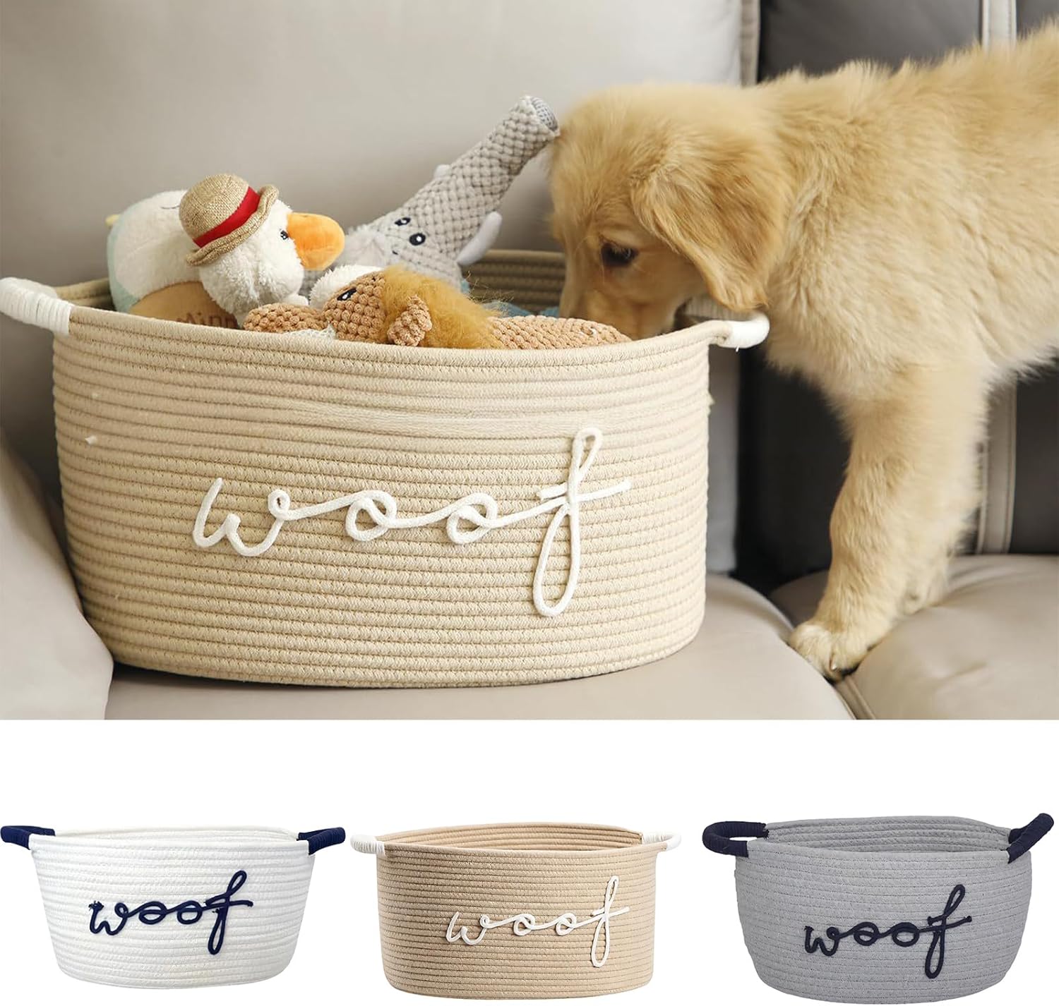 ordinarYone Hand Woven Cotton Rope Dog Toy Storage Basket Featuring Animal Patterns And Strong Handles For Pets