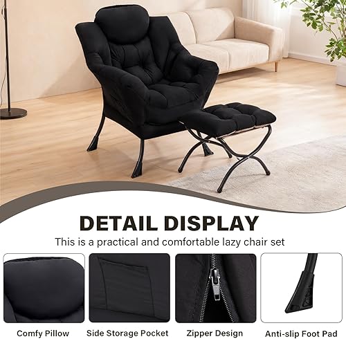 Miniatura 4 de SESHINELL Silla perezosa con otomana, silla de acento moderna contemporánea, silla de sofá de descanso con reposabrazos, conjunto de silla de