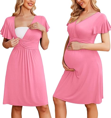 Ekouaer Vestido de maternidad para mujer, manga corta, cuello en V, vestidos de lactancia, ropa de embarazo S-XXL