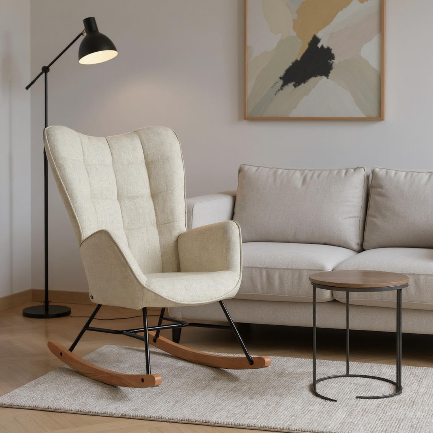 MEUBLE COSY Poltrona Relax, Sedia a Dondolo Confortevole in Tessuto con Gambe in Legno e Metallo per Soggiorno