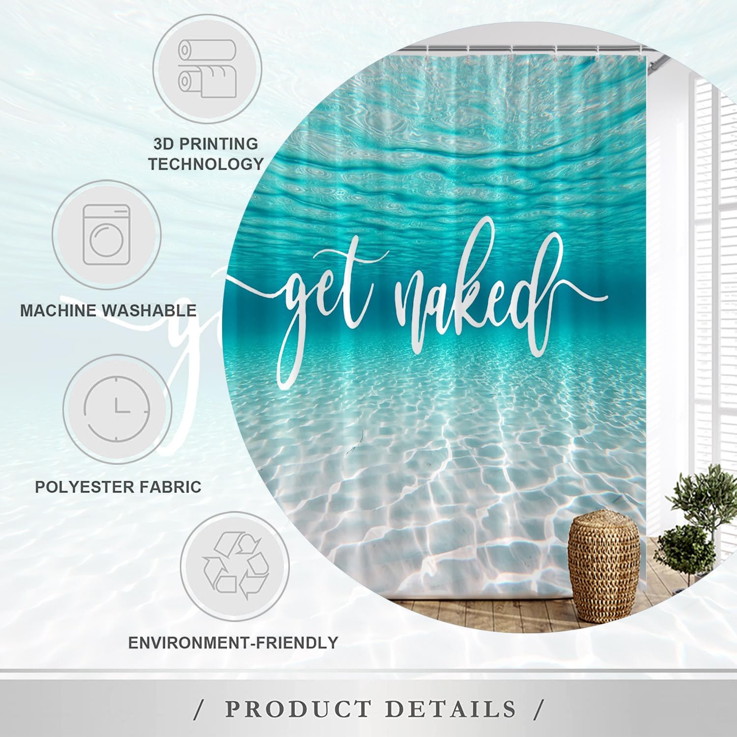 Get Naked Ocean Shower Curtain Teal Water Nature Tropical Underwater Sea Nautical Funny Beach Bathroom Decor with Hook 80X70 Inch, LY7641AM-200X180CM