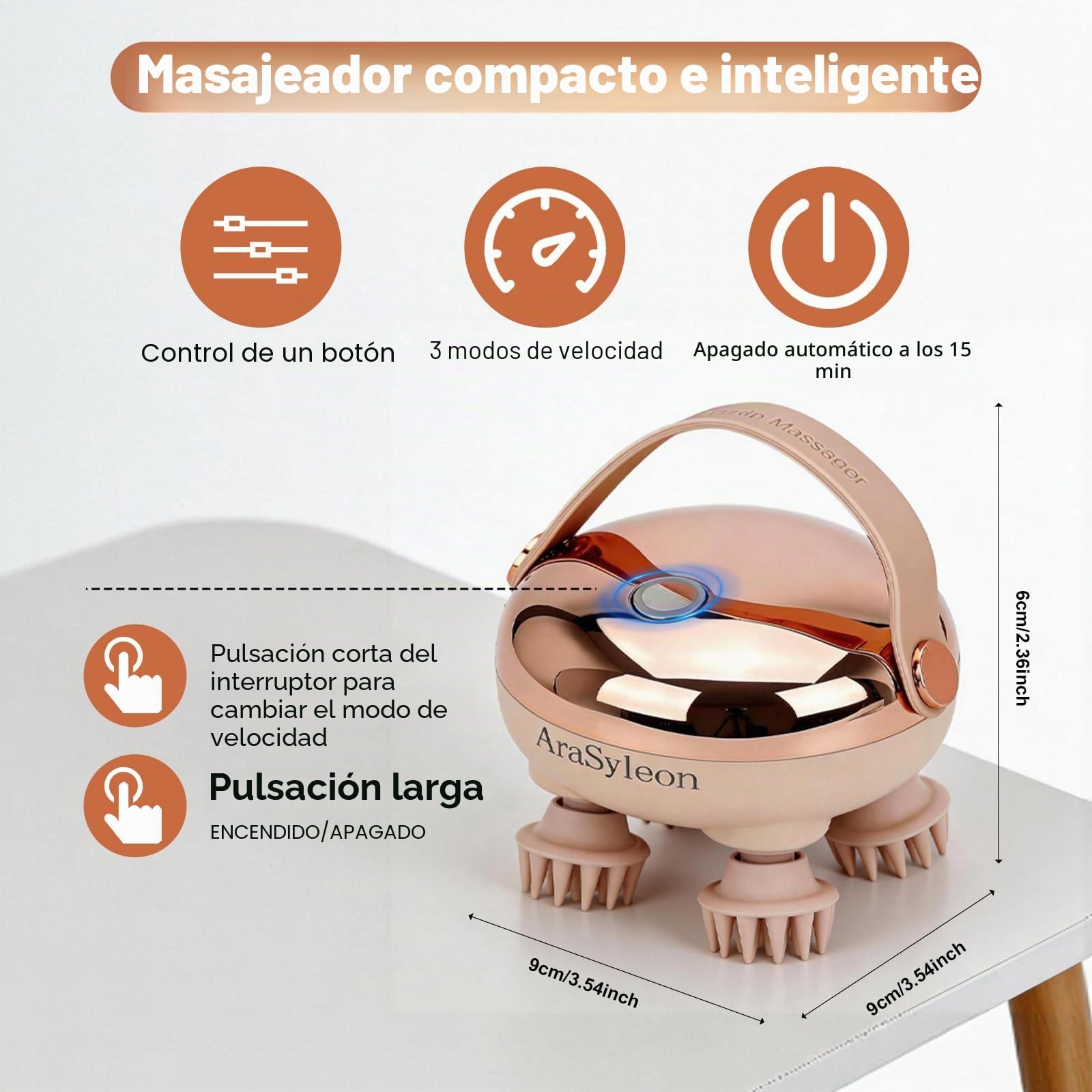 Masajeador Eléctrico Inteligente para Cuero Cabelludo - Inalámbrico, Impermeable IPX7, 8 Cabezales de Silicone Intercambiables, Luz Roja, Cuidado Capilar y Relajación Corporal