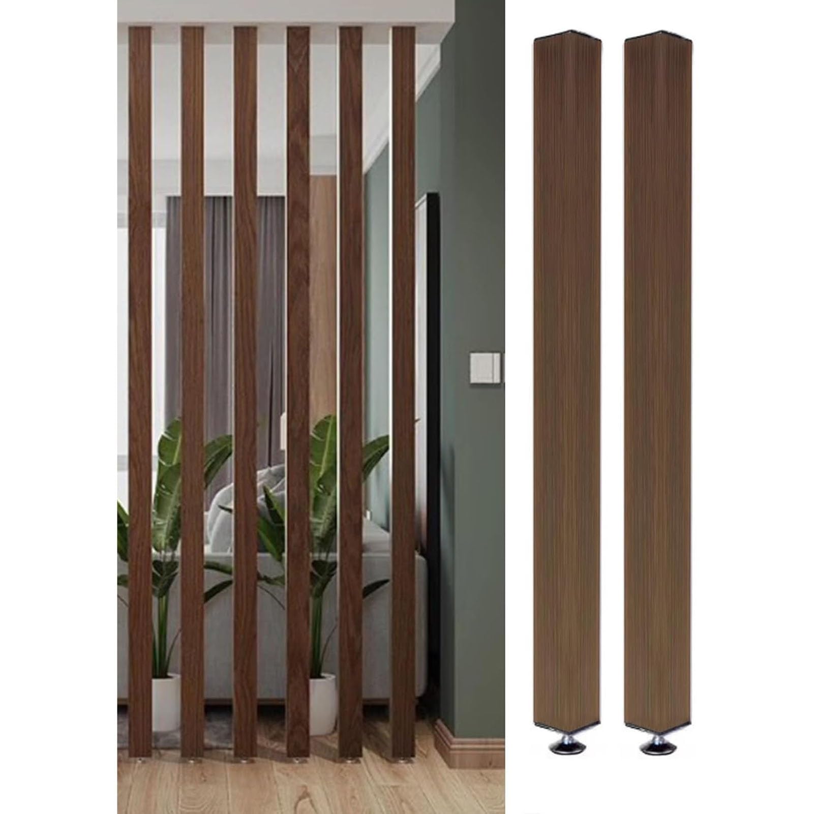GLETSF 5-Pack Wooden Slats Room Divider - 3Ft To 8Ft Tall Privacy Screen For Living Room, Office & Restaurant Decor - Floor To Ceiling Partition Panels-2 Pcs-185cm/72.8in/6.06ft