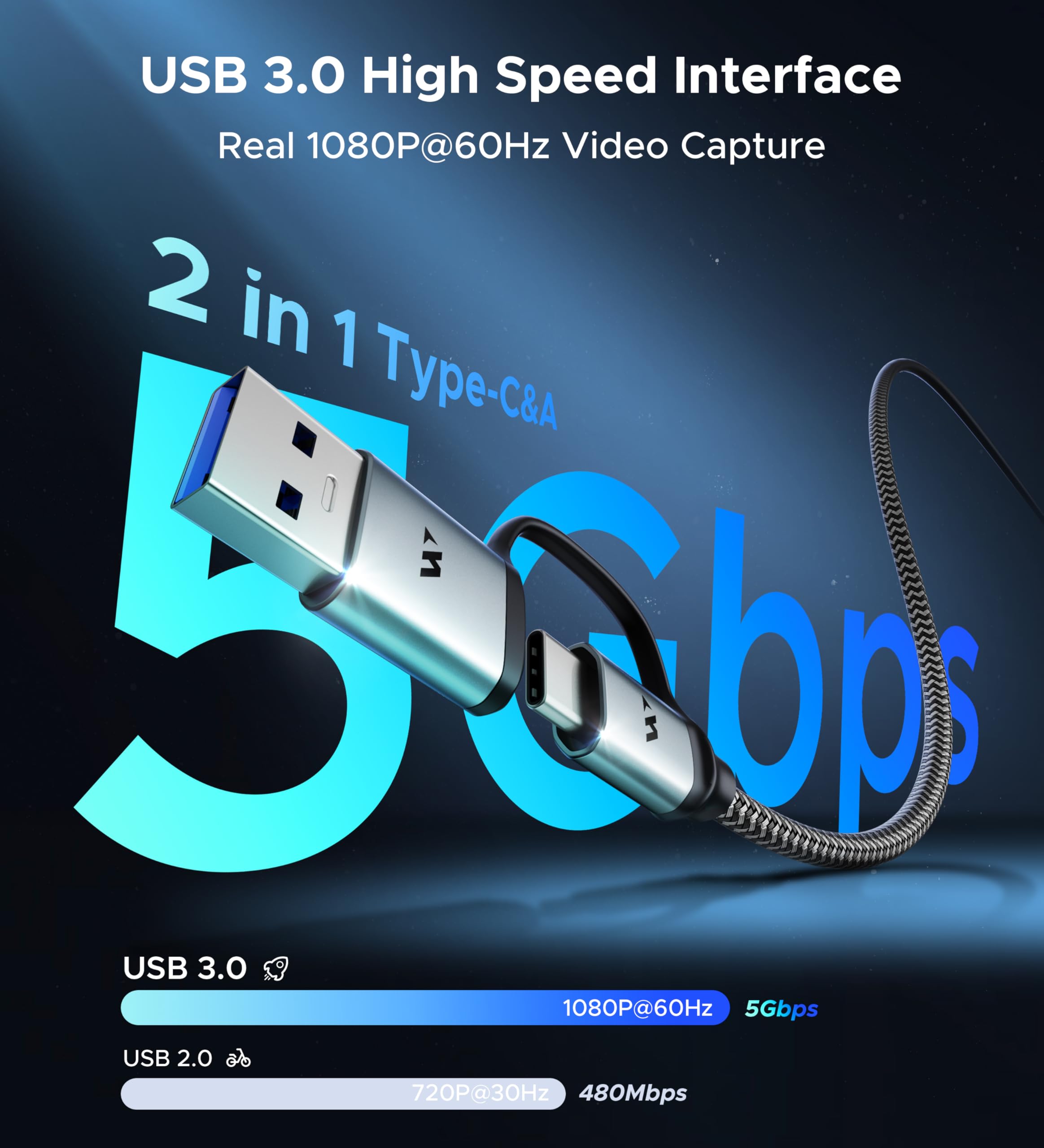 WARRKY USB 3.0 Video-Capture-Karte, 1080P 60FPS HDMI auf Typ C/USB A Capture Card für Aufnahme und Streaming [Nylon geflochtenes Kabel, Aluminiumgehäuse] für Windows/MacOS/PC, Switch, Xbox, PS4 und 5