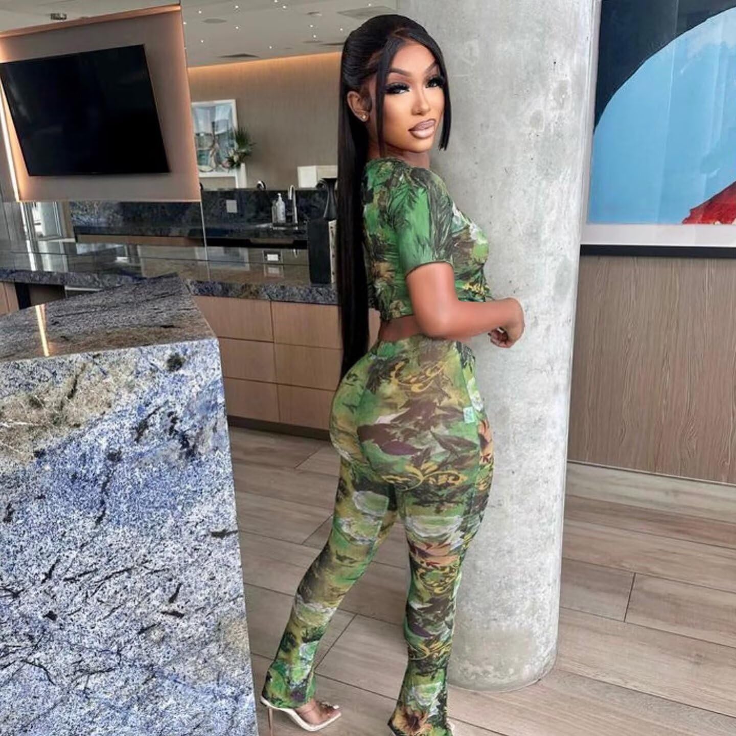 Uni Clau Sexy Two Piece Outfits for Women Short Sleeve Floral Printed Mesh Bodycon Flared Pants Sets Matching Sets Jumpsuit - Image 5