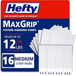 Hefty Picture Hanging Kit - 16 Medium Pairs, Holds Up to 12 Lbs | Picture Hangers & Kit for Home Decor - Picture Hanging Hardware for Superior Adhesion on Frames, No Nails