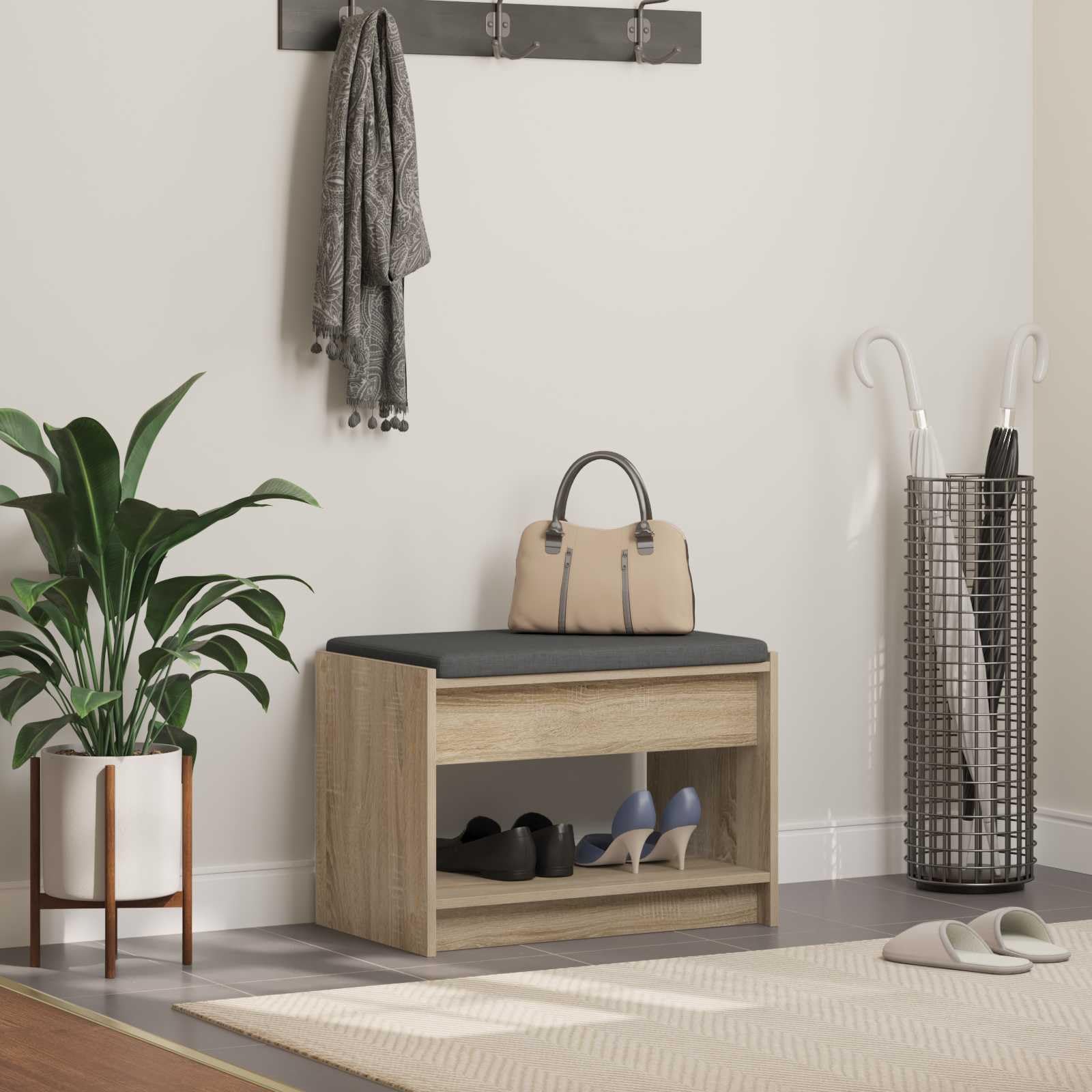 Banco de pasillo roble Sonoma de 63x38x45 cm con baúl de almacenaje y cojín
