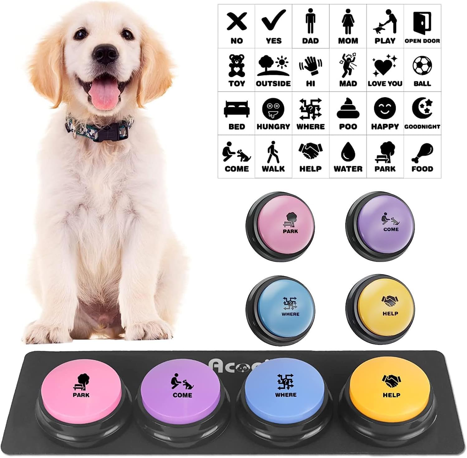 Dog Buttons for Communication, 4 Dog Talking Button Set, Speaking Buttons for Cats and Dogs, 30s Voice Recordable Pet Training Buzzer…