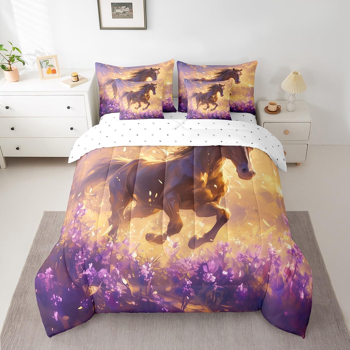Feelyou Horse Comforter Set with Sheets Purple Floral Flowers 7 Piece Bedding Set for Kids Boys Girls Wildlife Animal Horse Bed in a Bag Soft Bed Set Twin Size