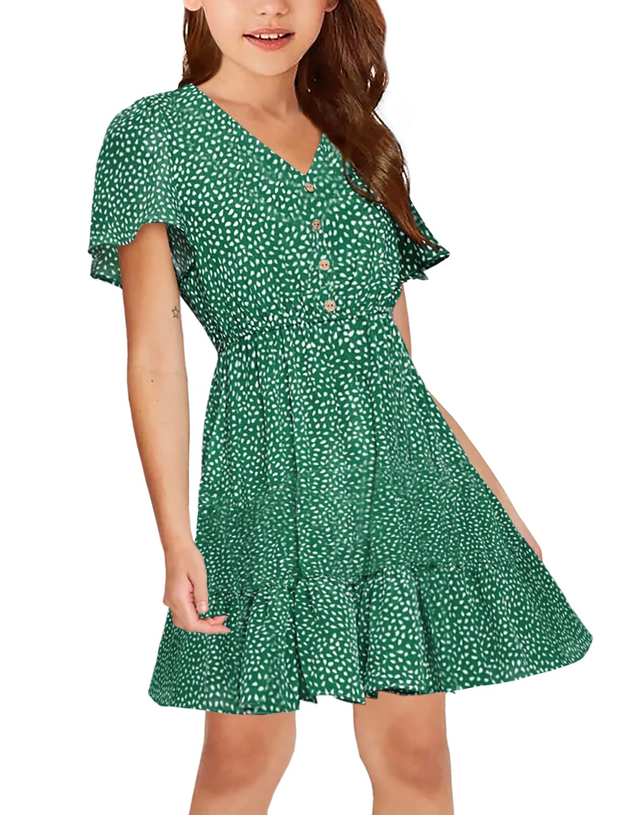 UMEKO Girls Polka Dot Print Midi Dress Button Down V Neck Short Sleeve Ruffle Casual Dresses