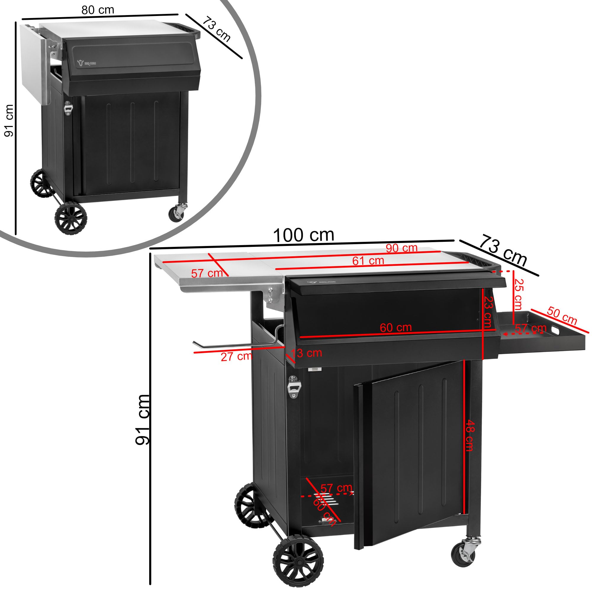 BBQ-Toro Grillwagen 100 x 73 x 91 cm | Schwarz | Grilltisch mit großer Arbeitsfläche | Grill Beistelltisch mit Rollen, Outdoor Grill Trolley | Grilltisch Outdoor, Servierwagen mit Ablagefläche