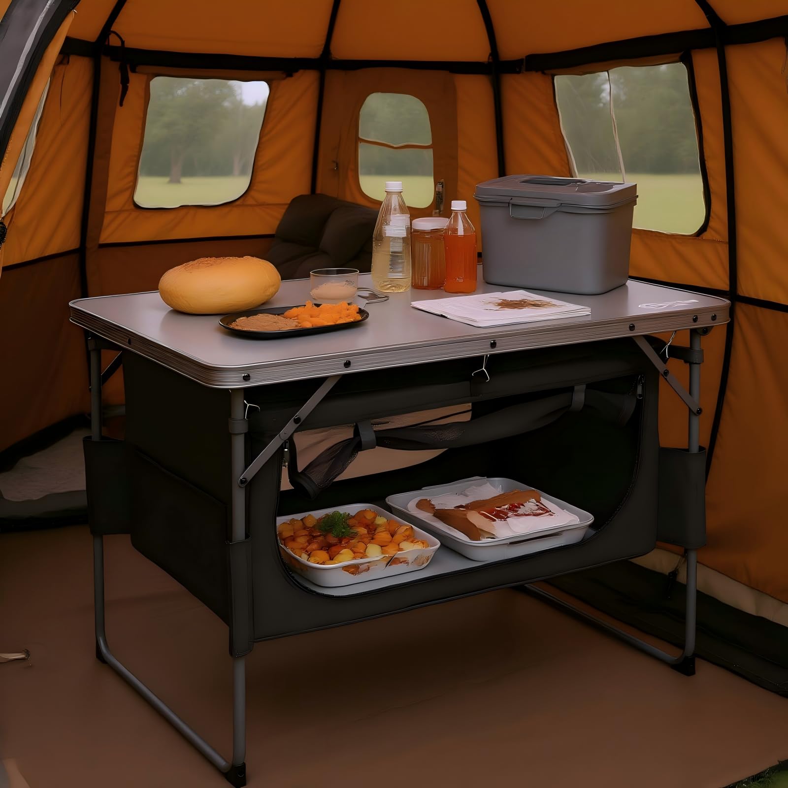 Portal Mesa de camping con almacenamiento
