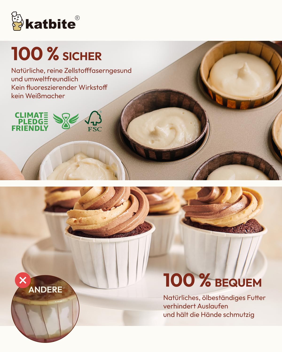 katbite Standardowe foremki do muffinek, ciężkie papierowe foremki do pieczenia babeczek, 150 sztuk, jednorazowe foremki do muffinek z woskowanego papieru, na wesela, urodziny, imprezy, białe, brązowe