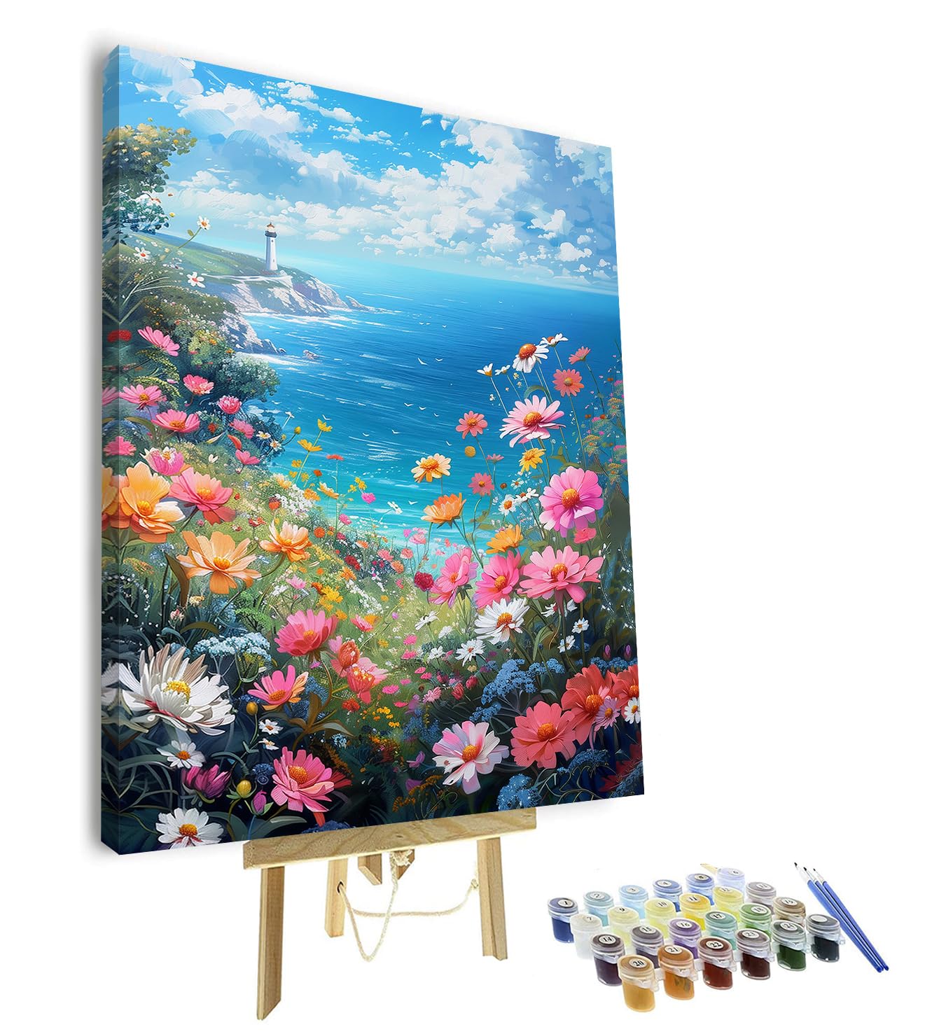 TISHIRON Flower Paint by Numbers Kit for Adults, Sea Adult Paint by Number Kits on Canvas, Coastline Scenery Oil Painting for Home Decor, Acrylic Drawing Paint Kits 16"x20"(Framed)