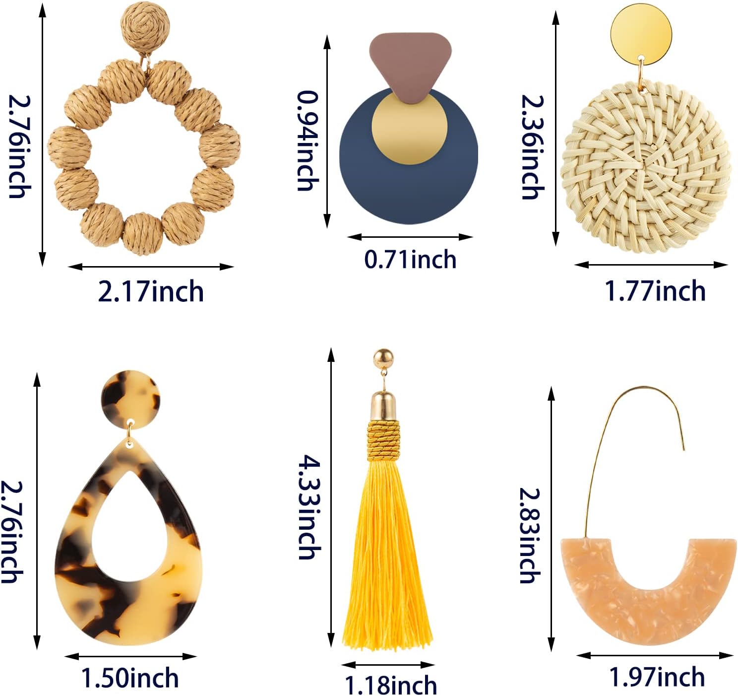 Ponpon 6-18 Pairs Earrings for Women, Lightweight Summer Earrings Straw Earrings Fashion Geometric Statement Hoop Dangle Drop Earrings for Women - Image 2