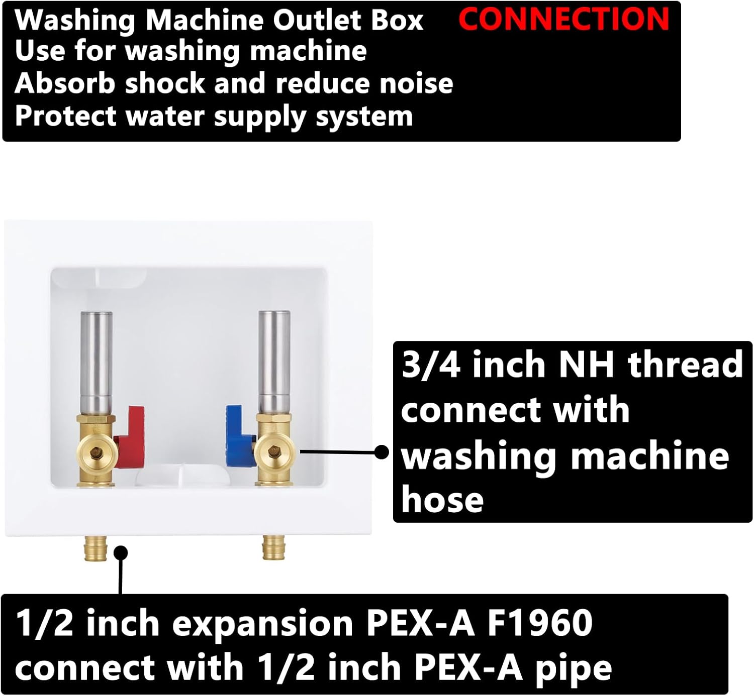 Washing Machine Outlet Box Expansion PEX-A with Stainless Steel Hammer Arrestors, Inlet 1/2 inch PEX-A F1960 Expansion Barb x Outlet 3/4 inch Male Thread LI-XYJH-631
