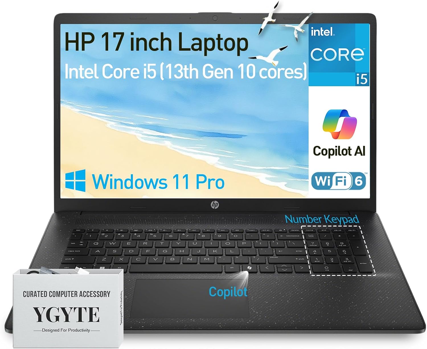 HP 17 Laptop Computer, 17.3" FHD IPS Large Screen Business Laptop PC, 13th Gen Intel Core i5 (10-cores) |Windows 11 Pro, 10-Key Number Pad | 16GB RAM 512GB SSD | Black