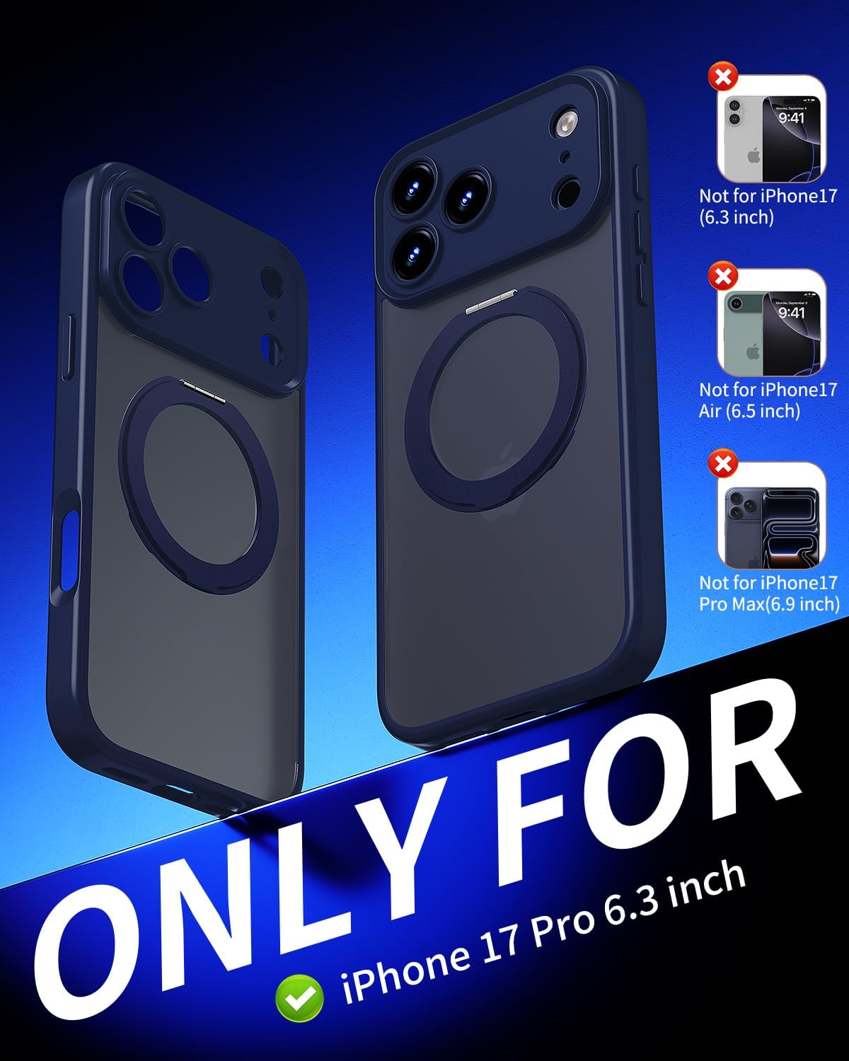 for iPhone 17 Pro Case Upgraded 360° Spin Magnetic Stand, Compatible with Magsafe, Military Protection, Full Camera Protection, Translucent Matte Phone Case for iPhone 17 Pro, Blue