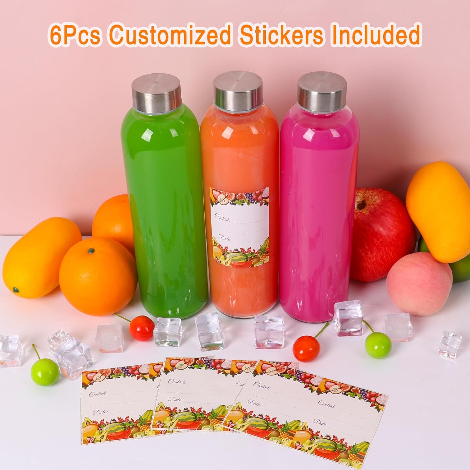 Alotpower Juicing Bottles Reusable Glass 24oz 6Pack, Empty Glass Bottles for Juicing, Milk, Smoothie, Beverage (24fl.oz/720ml, Set of 6)