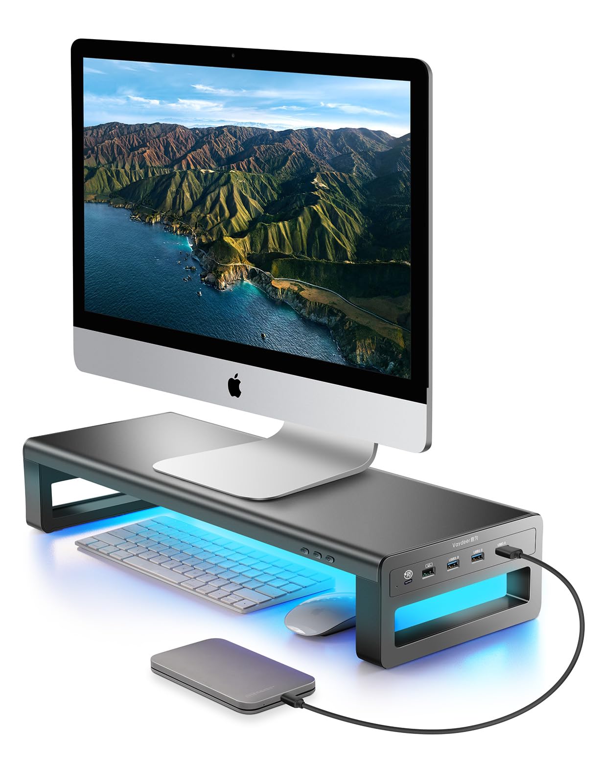 VAYDEER Monitor Stand with 4 USB 3.0 Ports, Metal Computer Screen Riser Lifter for Desk, Office PC Screen Shelf Tidy Space Saver Organiser for Laptop, Computer, iMac, up to 32 Inches - Black