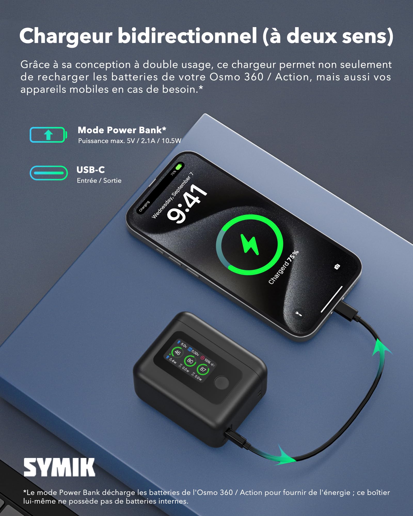 SYMIK Chargeur de Batterie pour DJI Osmo 360 / Action 6 / Action 5 Pro /4/3 | 27 W Triple Slots PD Boîtier de charge rapide, Hub de chargeur intelligent LCD bidirectionnel pour batterie DJI Osmo Action