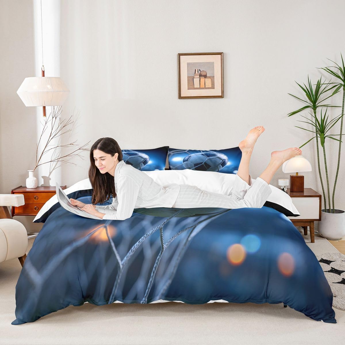 3D Soccer Duvet Cover Set Twin,Boys Football and The Soccer Ball Decorative Bright Blue Comforter Cover Set 2 Pieces Bedding Set with 1 Pillow Sham, Zipper, Youth Sports Theme Bedspread Bedclothes