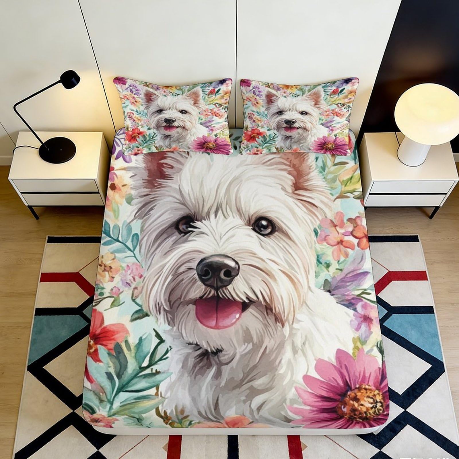 Decorative Dog Print Fitted Sheet, 3D Printed, Soft Touch Microfiber, Bed Cover for Bedroom or Guest Room, Easy Care, Apartment Bedding, 200x200x25cm