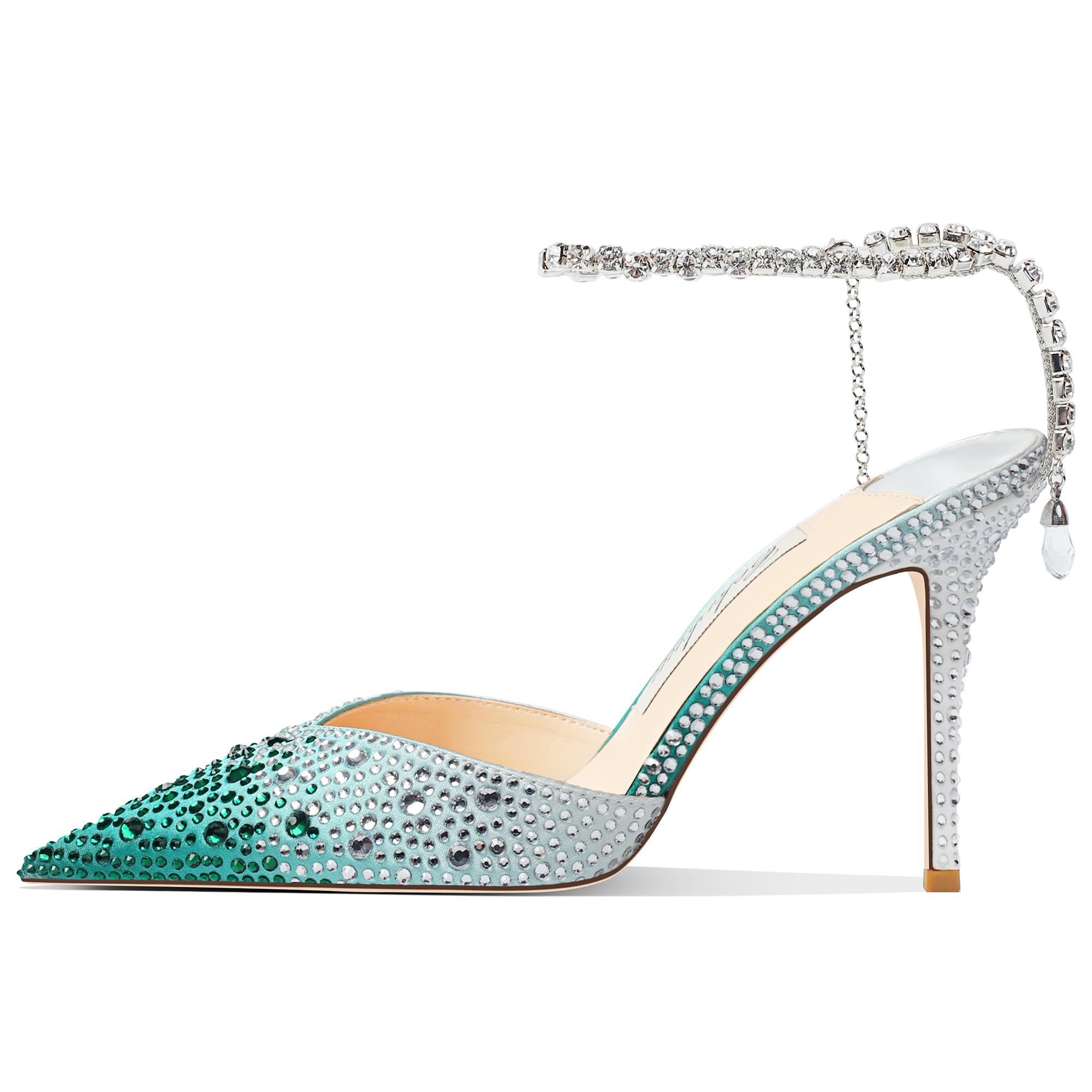 Women's Heeled Sandals Crystal Chain Ankle Straps Rhinestones Buckle High Heels Stiletto Slip On Wedding Party Satin Dress Shoes 3.9 IN