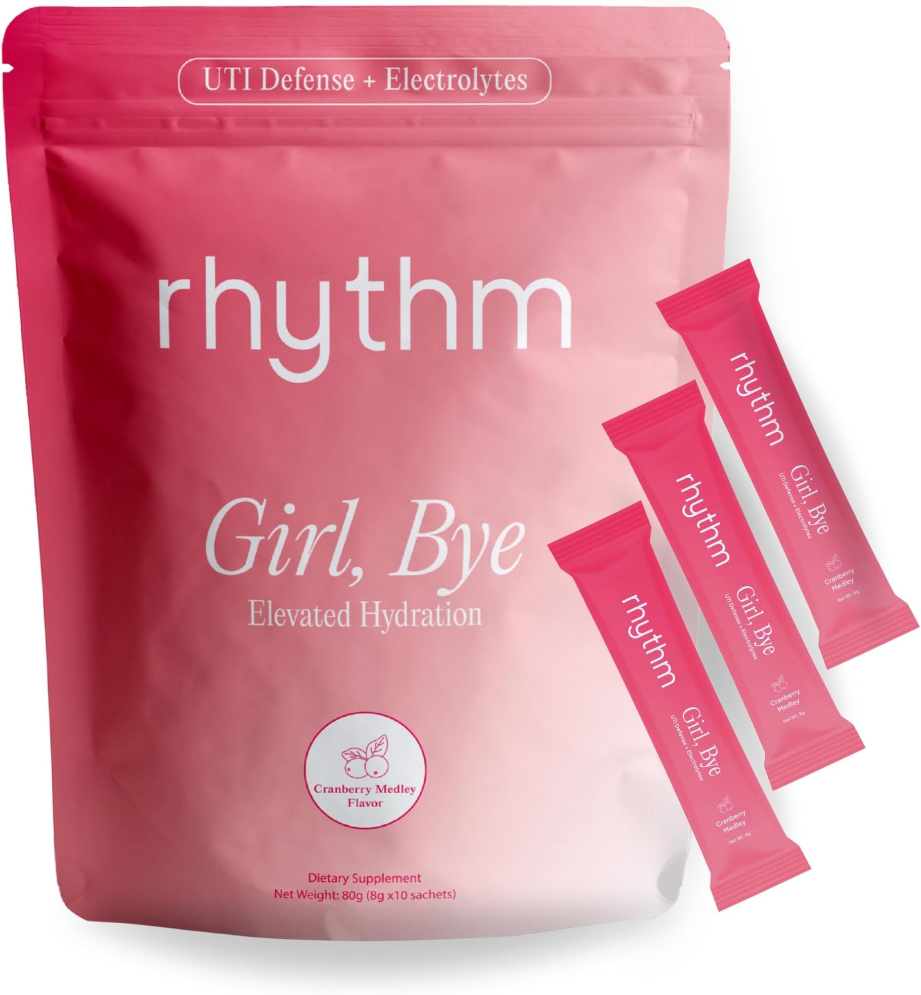 RHYTHM Girl, Bye | Fast-Acting Keto UTI Relief & Defense + Urinary Tract Health Drink Mix | pH Balancing | Workout & Intimacy | Essential Minerals (20 Travel Packs, Cranberry Medley)